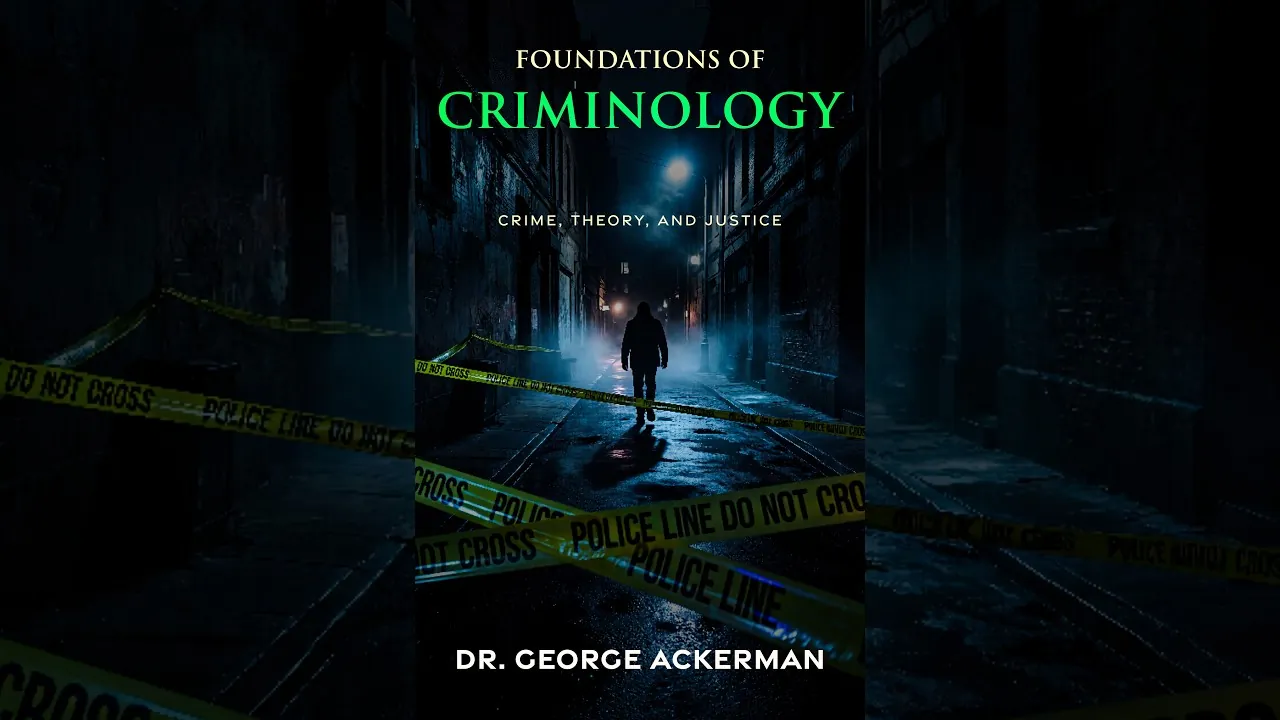 Title card for the lecture: the cover of Foundations of Criminology by Dr. George Ackerman, showing a lone figure on a dark, rain-wet city street behind yellow police tape