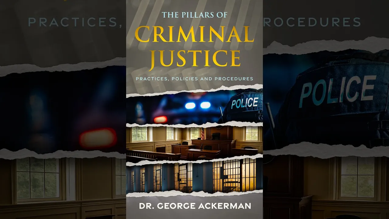 Title card for the lecture: the cover of The Pillars of Criminal Justice by Dr. George Ackerman, showing a police vehicle, a courtroom, and a prison cell block